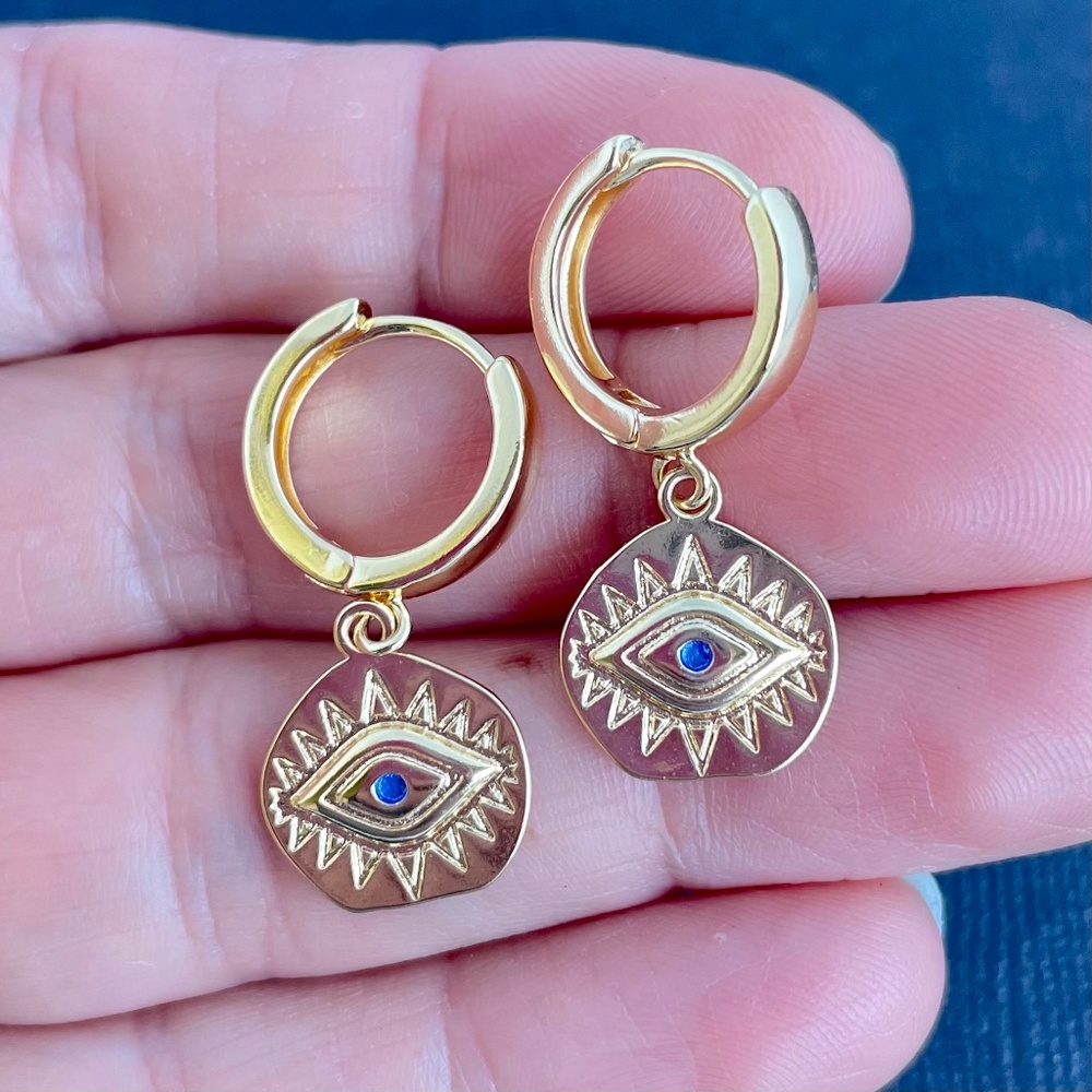 #49 Handmade Evil Eye Hoop Earrings 18K Gold Plated Eye Medallion Lucky …